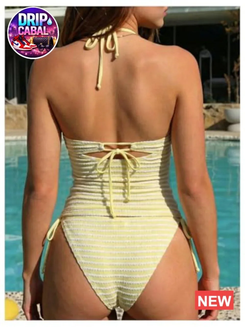 Striped High Waisted Halter 2 Piece Tankini with Removable Padding Soft Stretch